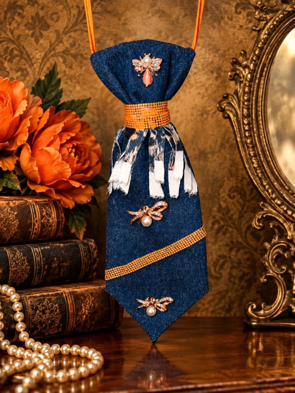 Denim Orange Glow Rustic Vintage Necktie Necklace